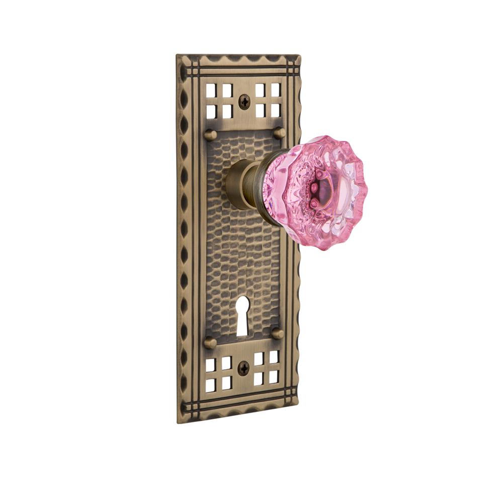 Nostalgic Warehouse CRACRP Colored Crystal Craftsman Plate with Keyhole Double Dummy Crystal Pink Glass Door Knob in Antique Brass